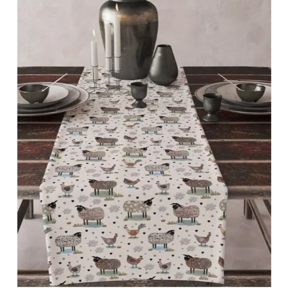 Table Runner 13x108in Linen Country Sheep Chickens Farm